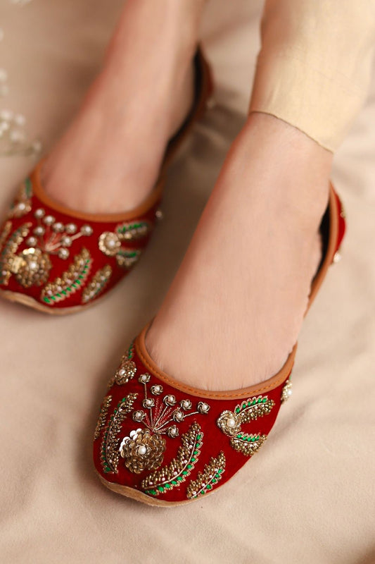 Red Velvet Embellished Khussa Online in Dubai UAE Abudhabi Ajman Sharjah