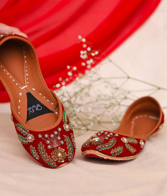 Red Velvet Khussa with Floral Embroidery Online in UK USA Canada