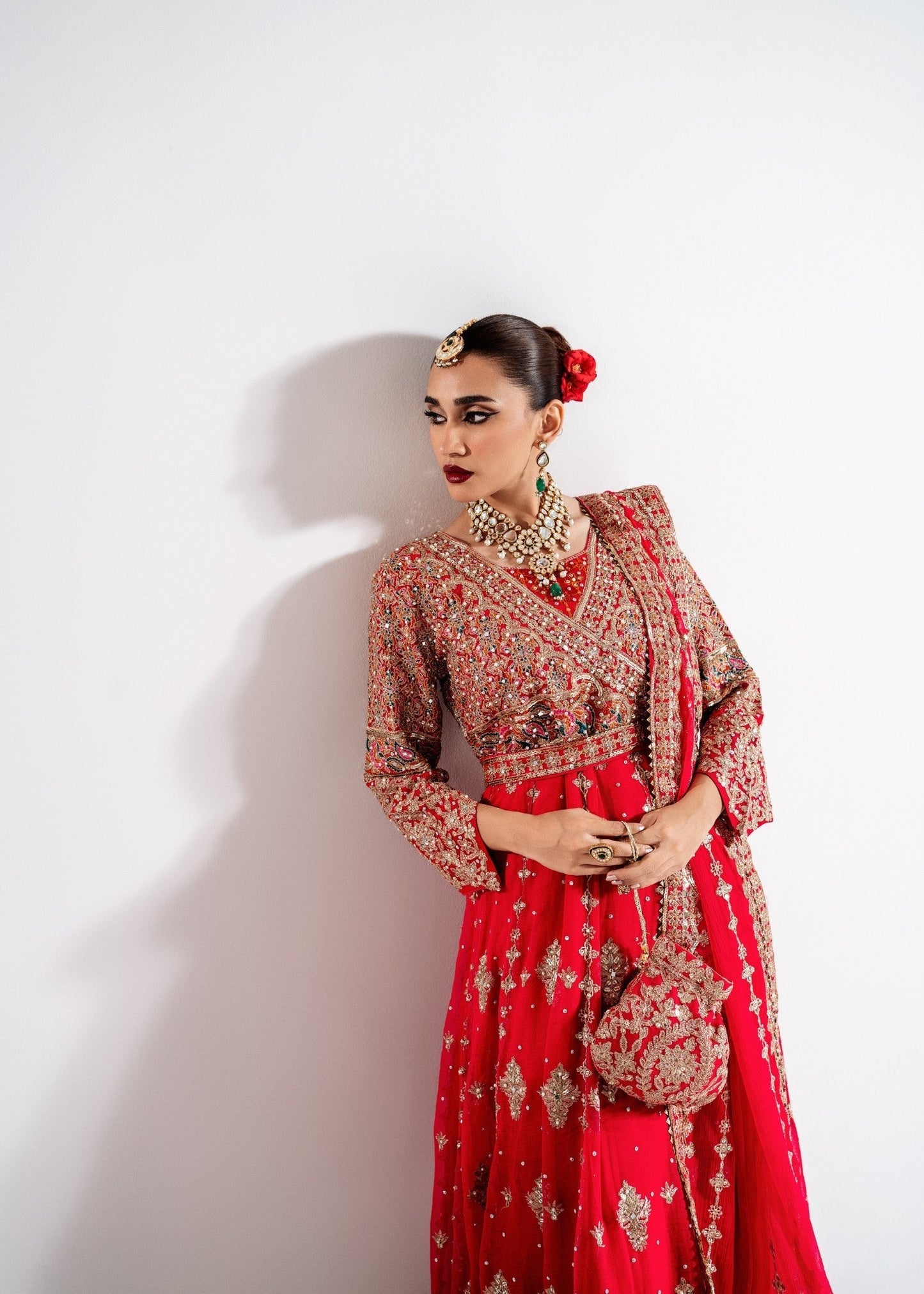 Red Zardozi Embellished Chiffon Frock Online in Dubai DXB UAE Abudhabi Meena Bazaar