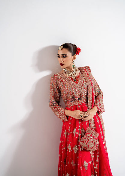 Red Zardozi Embellished Chiffon Frock Online in Dubai DXB UAE Abudhabi Meena Bazaar
