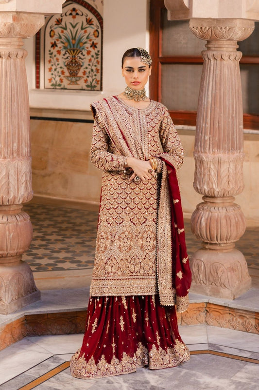 Red Zari Dabka Embroidered Chiffon Gharara Suit Online in Dubai UAE Abudhabi Ajman Sharjah