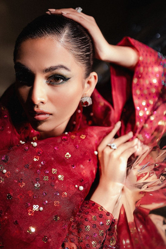 Red Handmade Pure Organza Suit