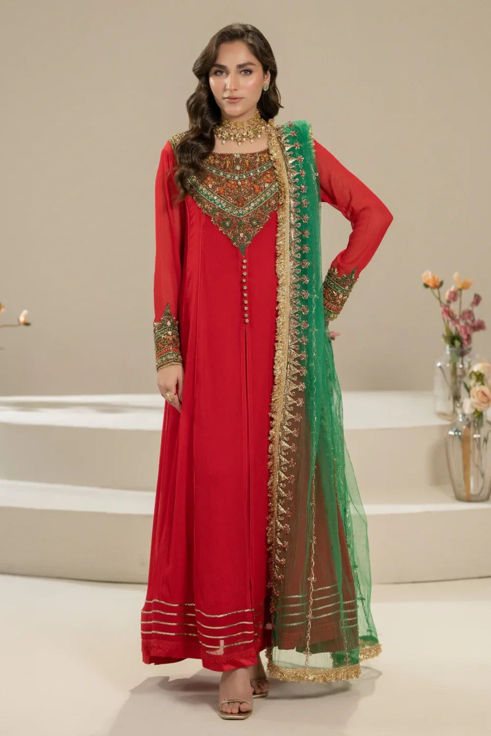 Hand Embroidered Red Pure Chiffon Suit