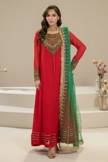Hand Embroidered Red Pure Chiffon Suit