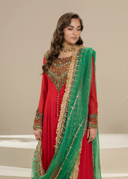 Hand Embroidered Red Pure Chiffon Suit with Kora, Dabka, Embellishments and Mirror Work
