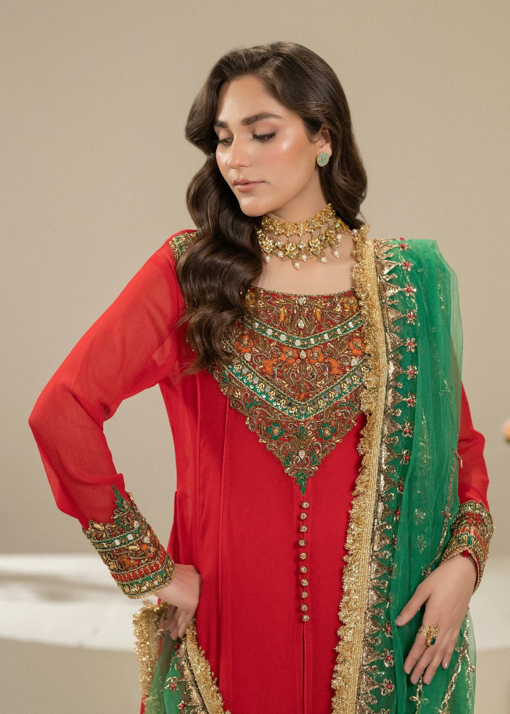 Hand Embroidered Red Pure Chiffon Suit