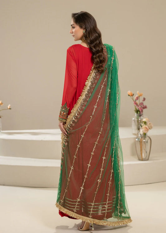 Hand Embroidered Red Pure Chiffon Suit with Kora, Dabka, Embellishments and Mirror Work
