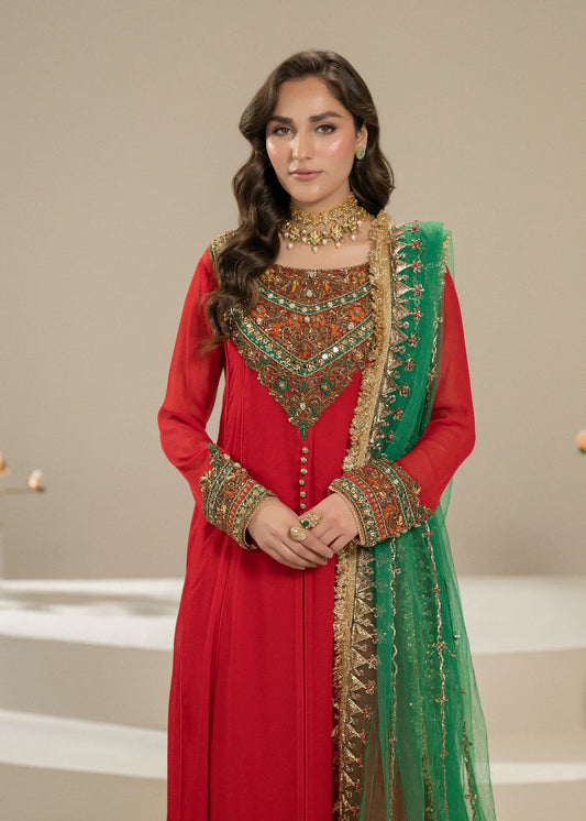 Hand Embroidered Red Pure Chiffon Suit with Kora, Dabka, Embellishments and Mirror Work