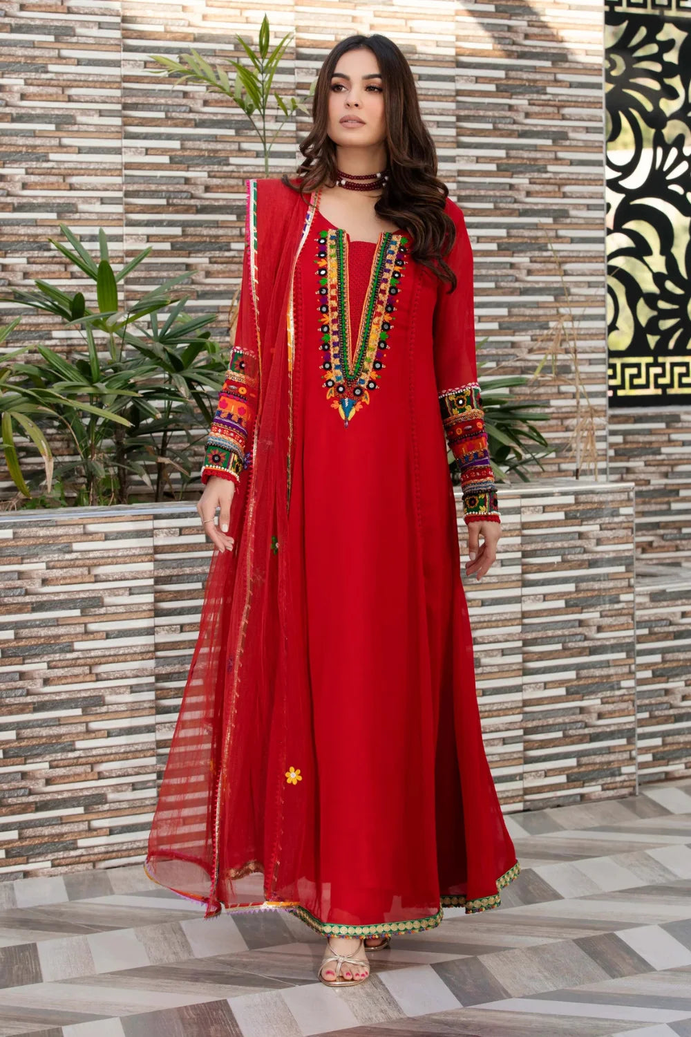 Red Handmade Pure Chiffon Suit