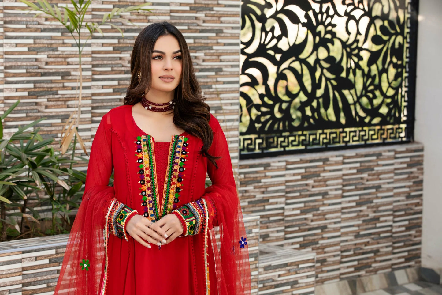 Red Readymade Pure Chiffon Suit