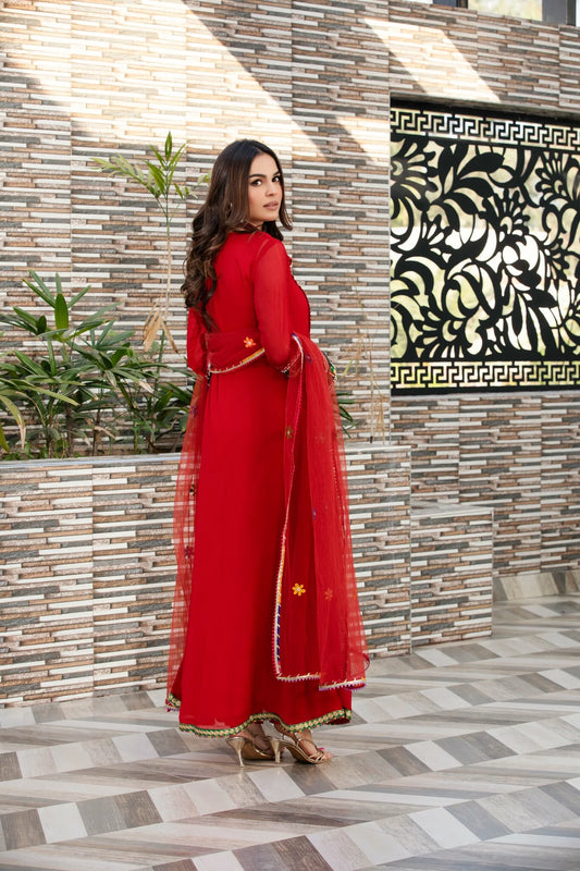 Red Handmade Pure Chiffon Suit