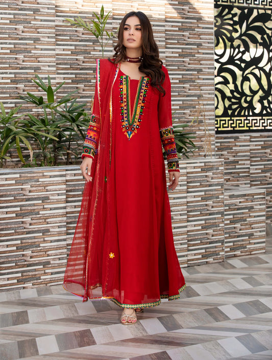 Red Handmade Pure Chiffon Suit