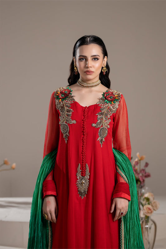 Red Handmade Pure Chiffon Sharara