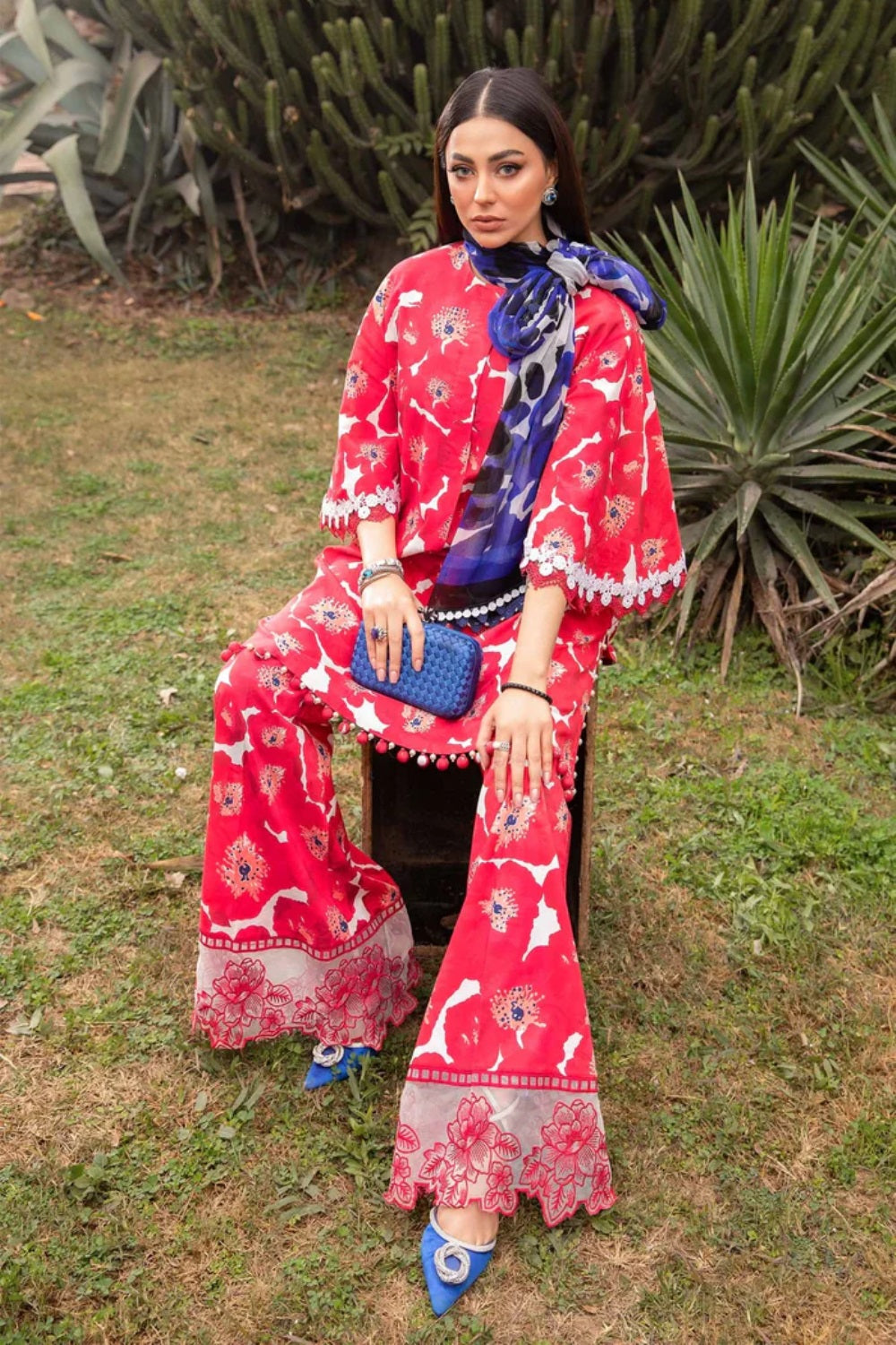 Red & White Lawn Suit with Chiffon Dupatta