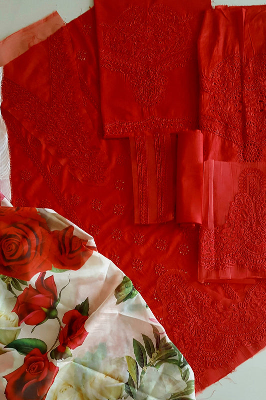 Red Chikankari Lawn Suit