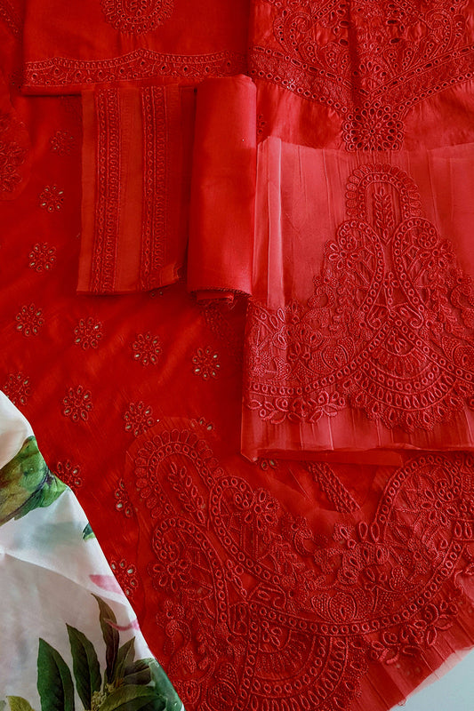 Red Chikankari Lawn Suit