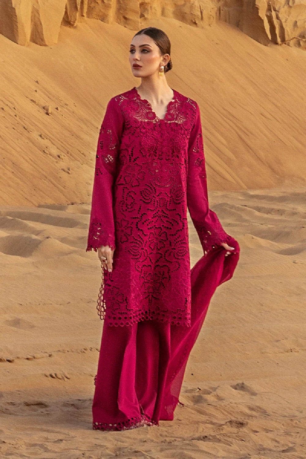 Red Chikankari Lawn Suit with Cut Work