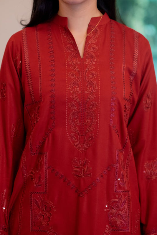 Red Linen Kurta with Trousers
