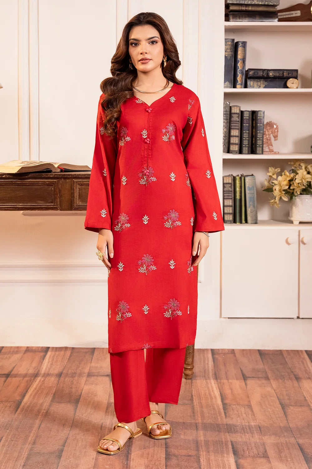 Red Embroidered Cotton Kurta Set