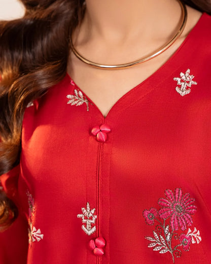 Red Embroidered Cotton Kurta Set