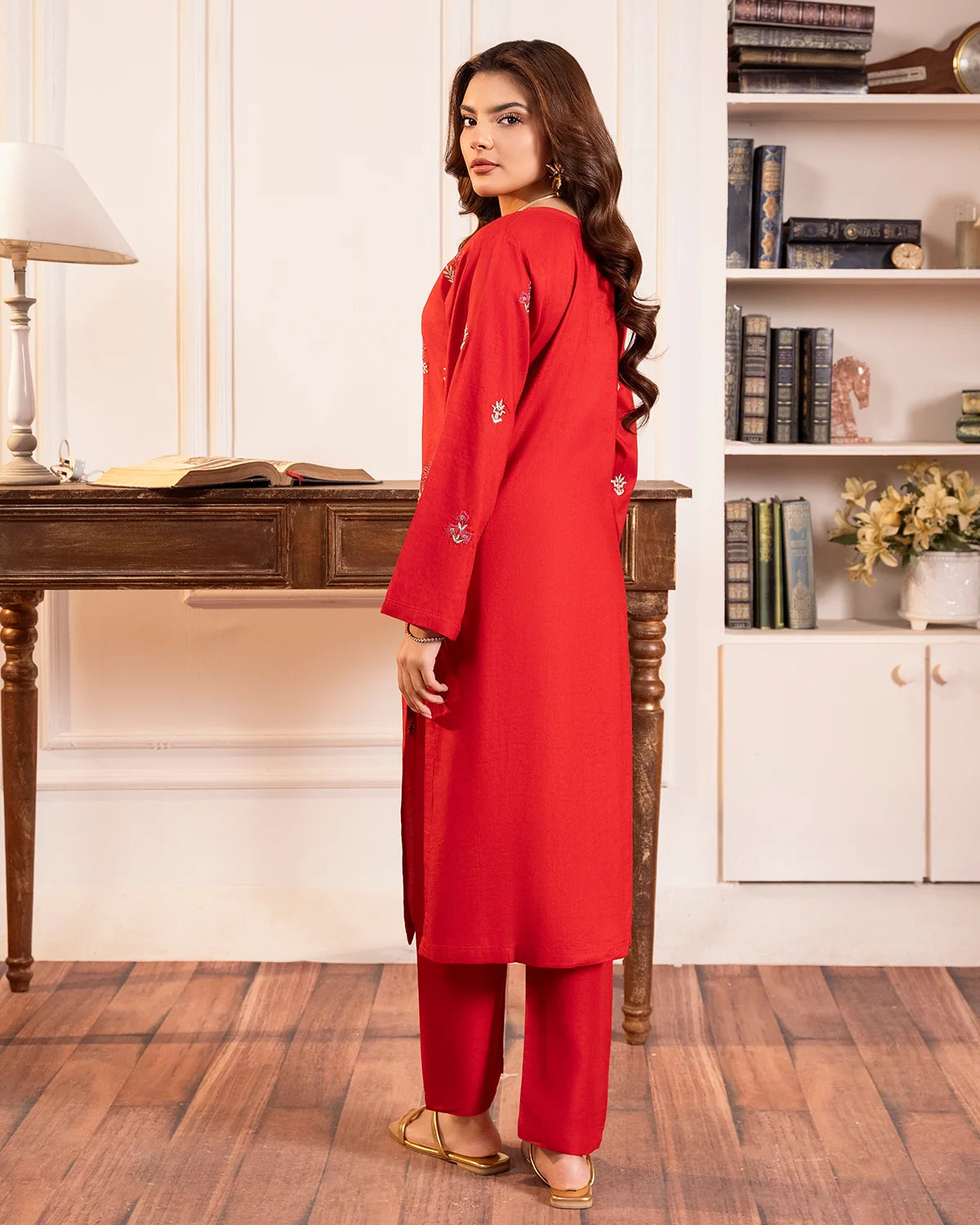 Red Embroidered Cotton Kurta Set