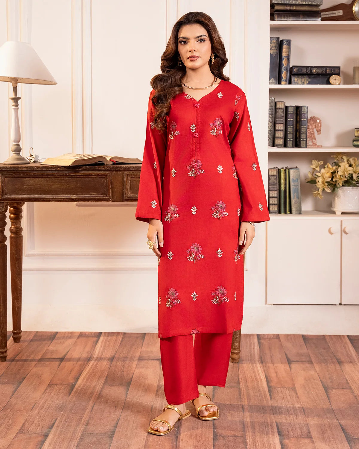 Red Embroidered Cotton Kurta Set