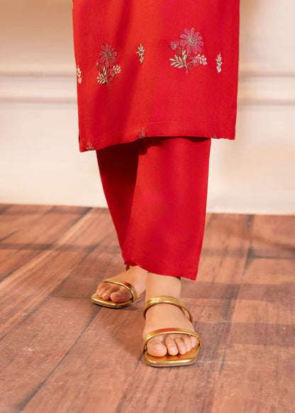 Red Embroidered Cotton Kurta Set