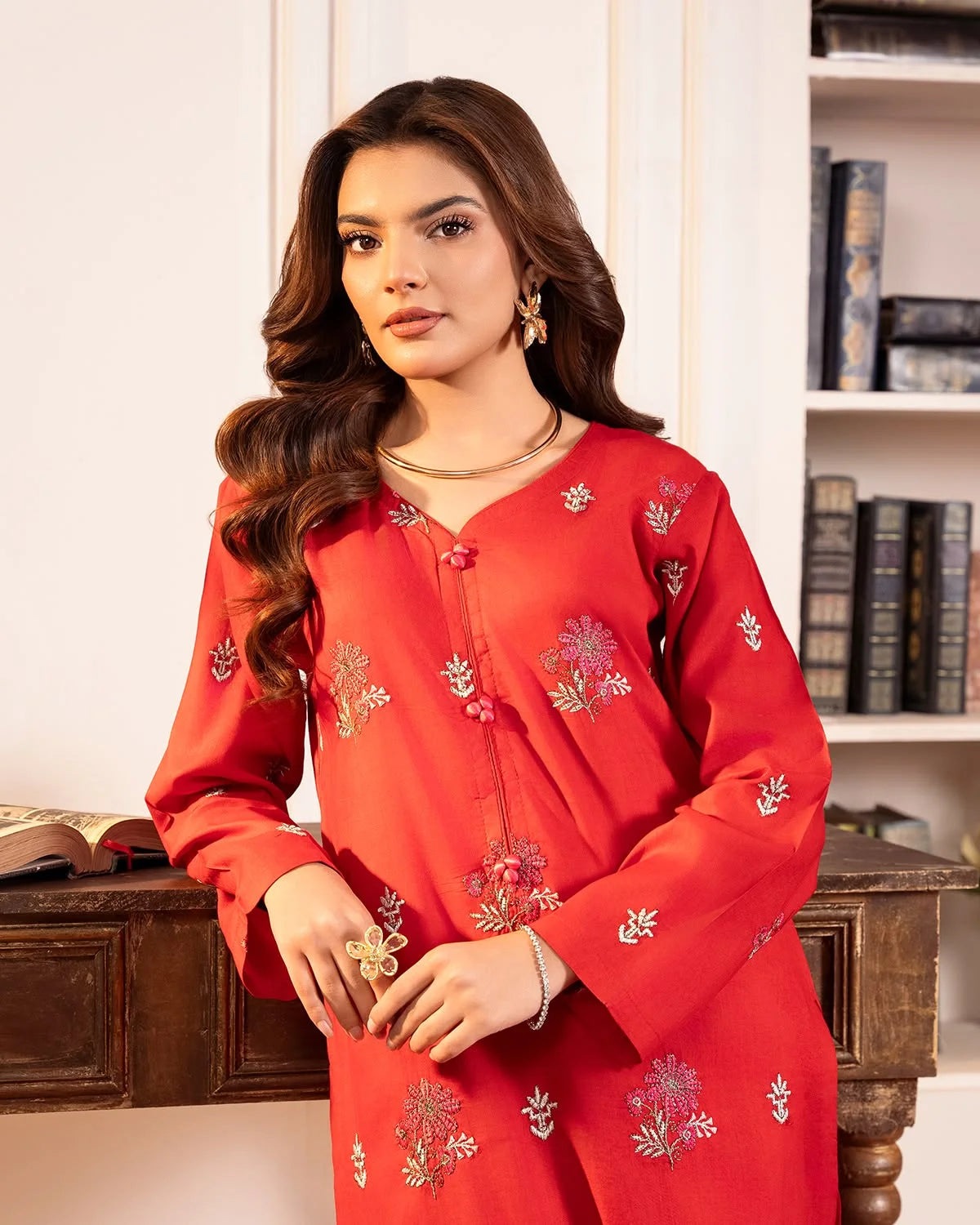 Red Embroidered Cotton Kurta Set