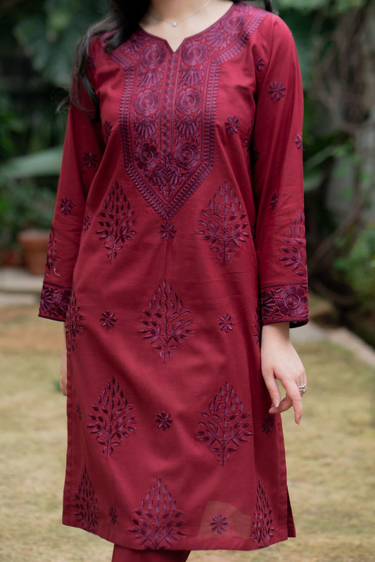 Garnet Embroidered Cotton Kurta Pant Set