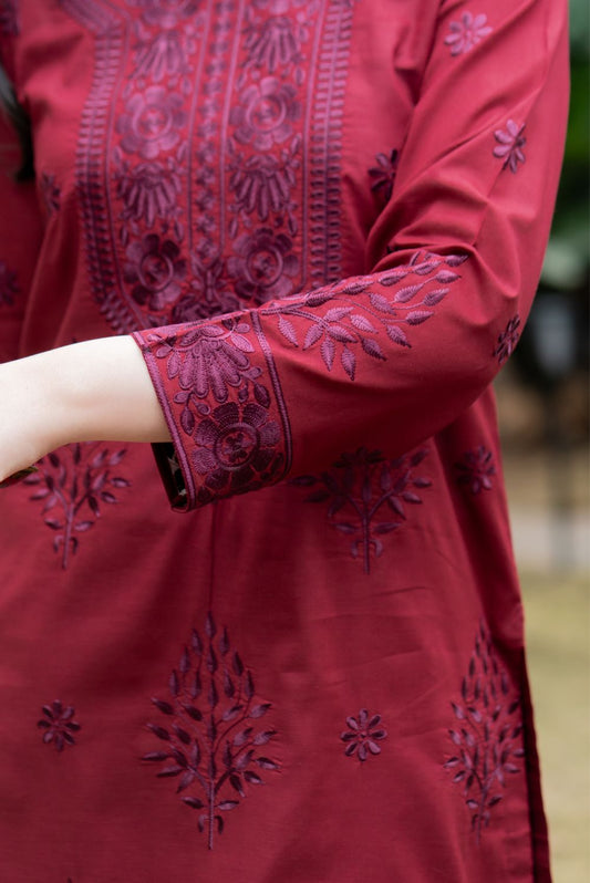 Garnet Embroidered Cotton Kurta Pant Set
