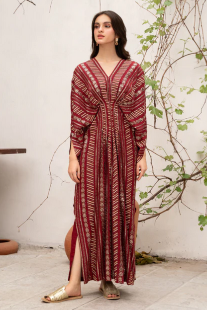 Red Sequins Embroidered Kaftan