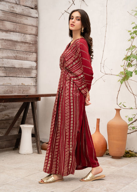 Red Sequins Embroidered Kaftan