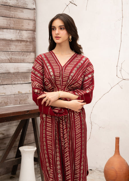 Red Sequins Embroidered Kaftan