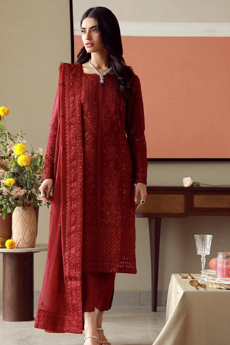 Red Luxury Chikankari Lawn Suit with Sequins Work