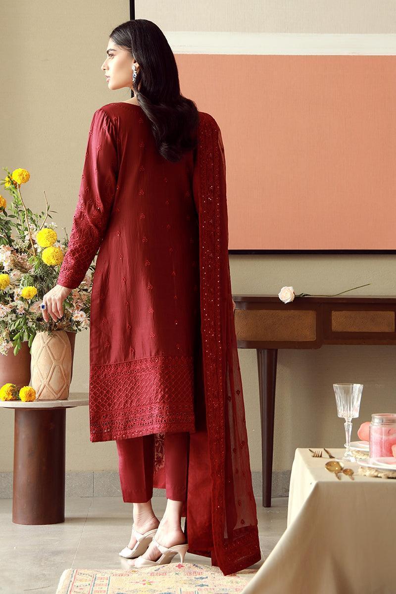 Red Luxury Chikankari Lawn Suit with Sequins Work