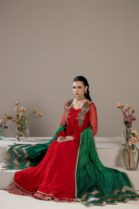 Red Handmade Pure Chiffon Sharara
