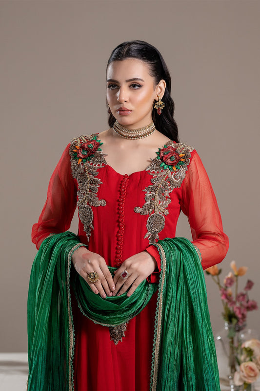 Red Handmade Pure Chiffon Sharara