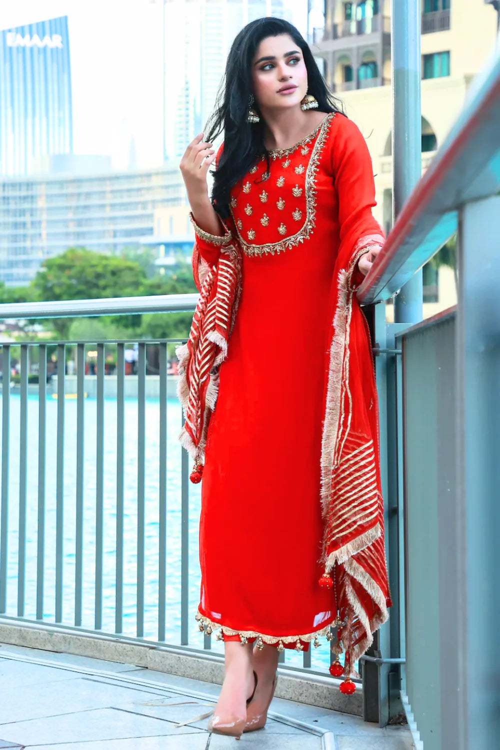 Red Readymade Chiffon Suit