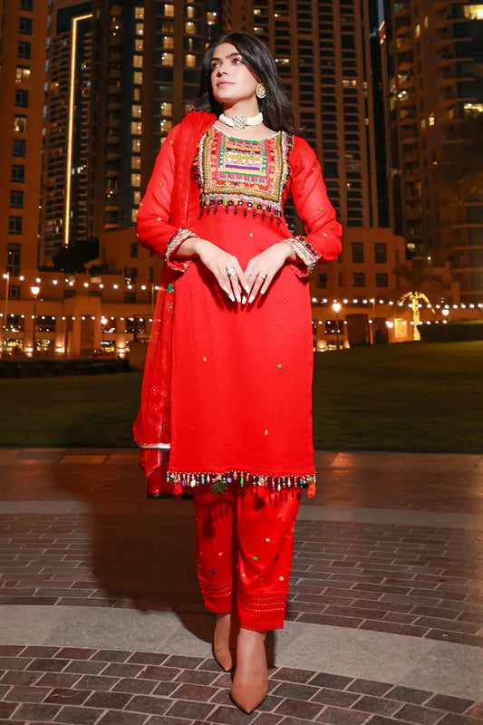 Red Readymade Pure Chiffon Suit