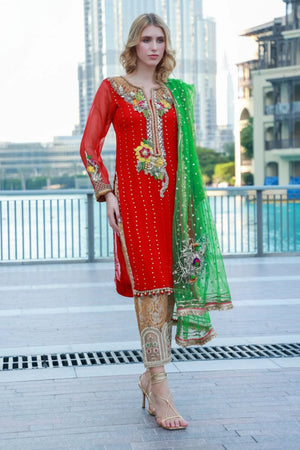 Hand Embellished Red Pure Chiffon Suit