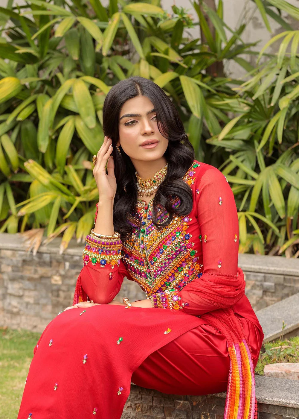 Hand Embroidered Red Pure Chiffon Suit