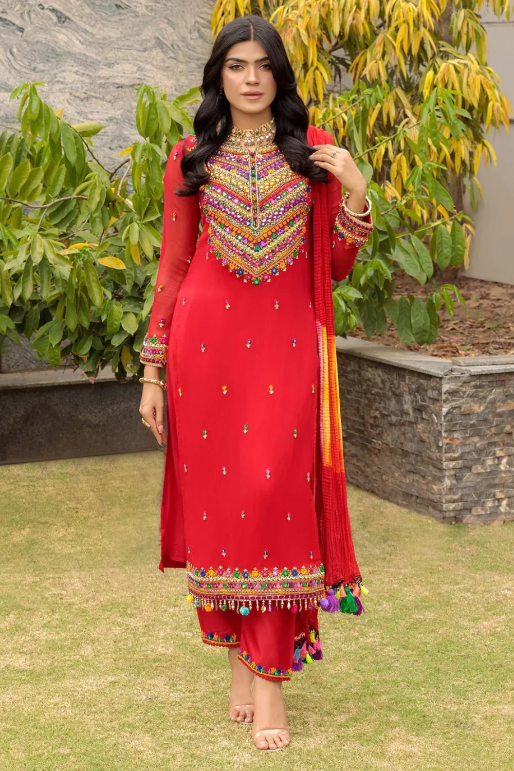 Hand Embroidered Red Pure Chiffon Suit