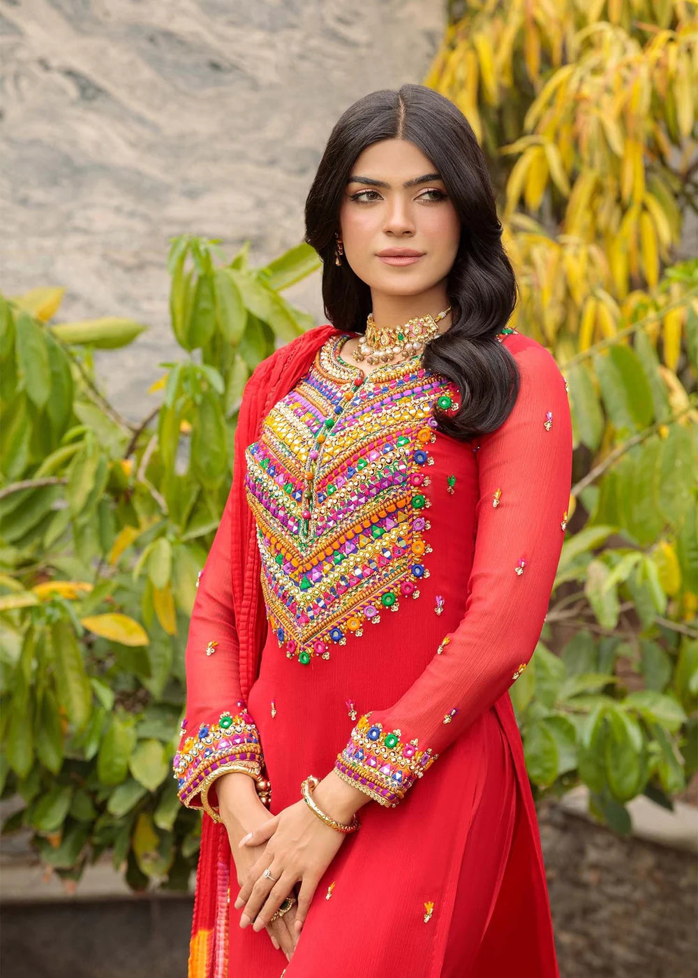 Hand Embroidered Red Pure Chiffon Suit