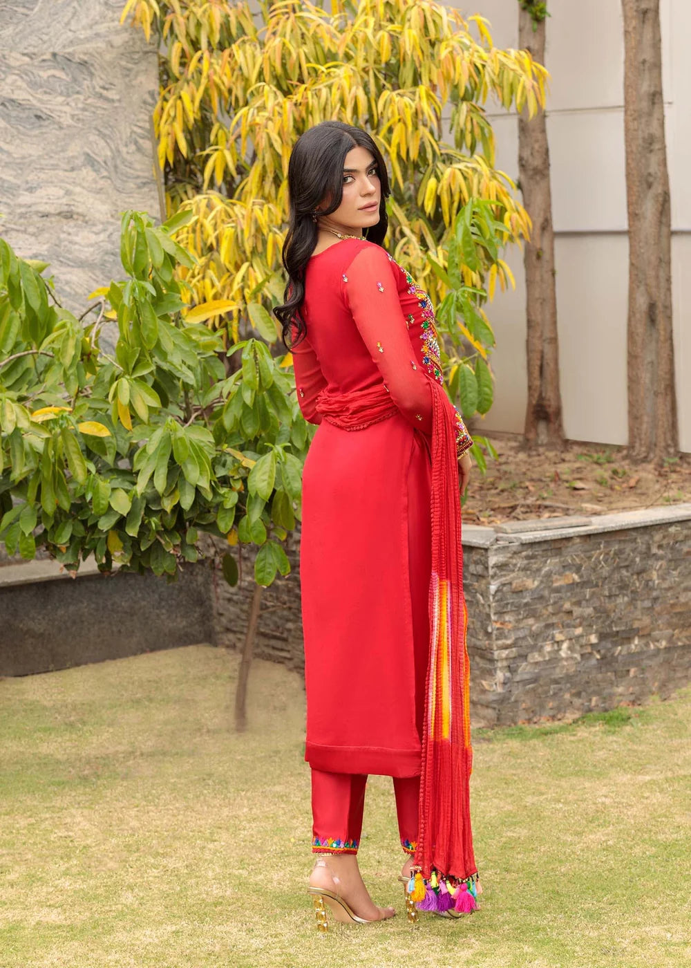 Hand Embroidered Red Pure Chiffon Suit
