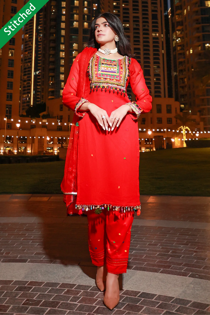 Red Readymade Pure Chiffon Suit