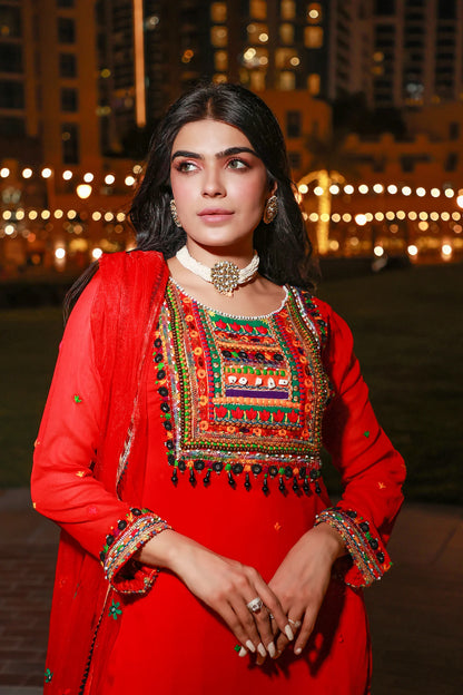 Red Readymade Pure Chiffon Suit