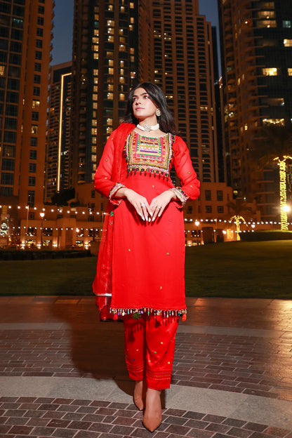 Red Readymade Pure Chiffon Suit