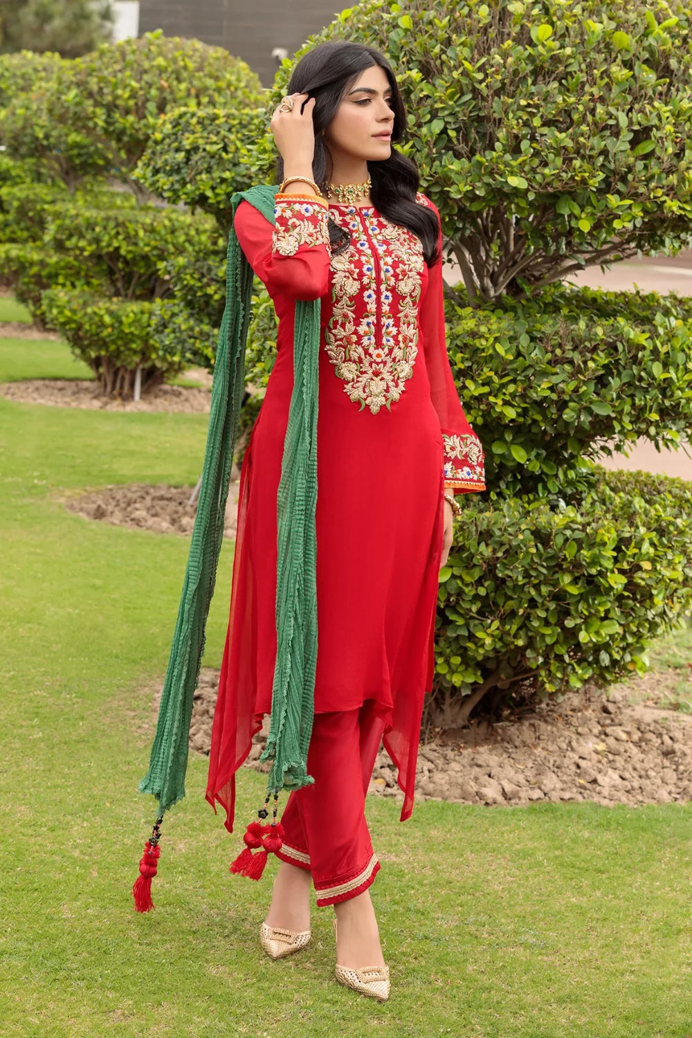 Red Hand Embroidered Pure Chiffon Suit