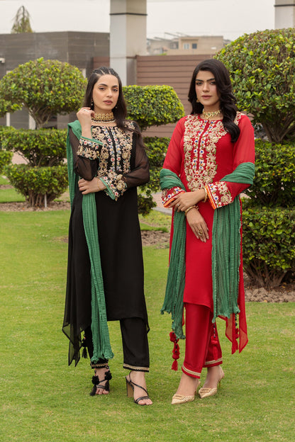 Red Hand Embroidered Pure Chiffon Suit