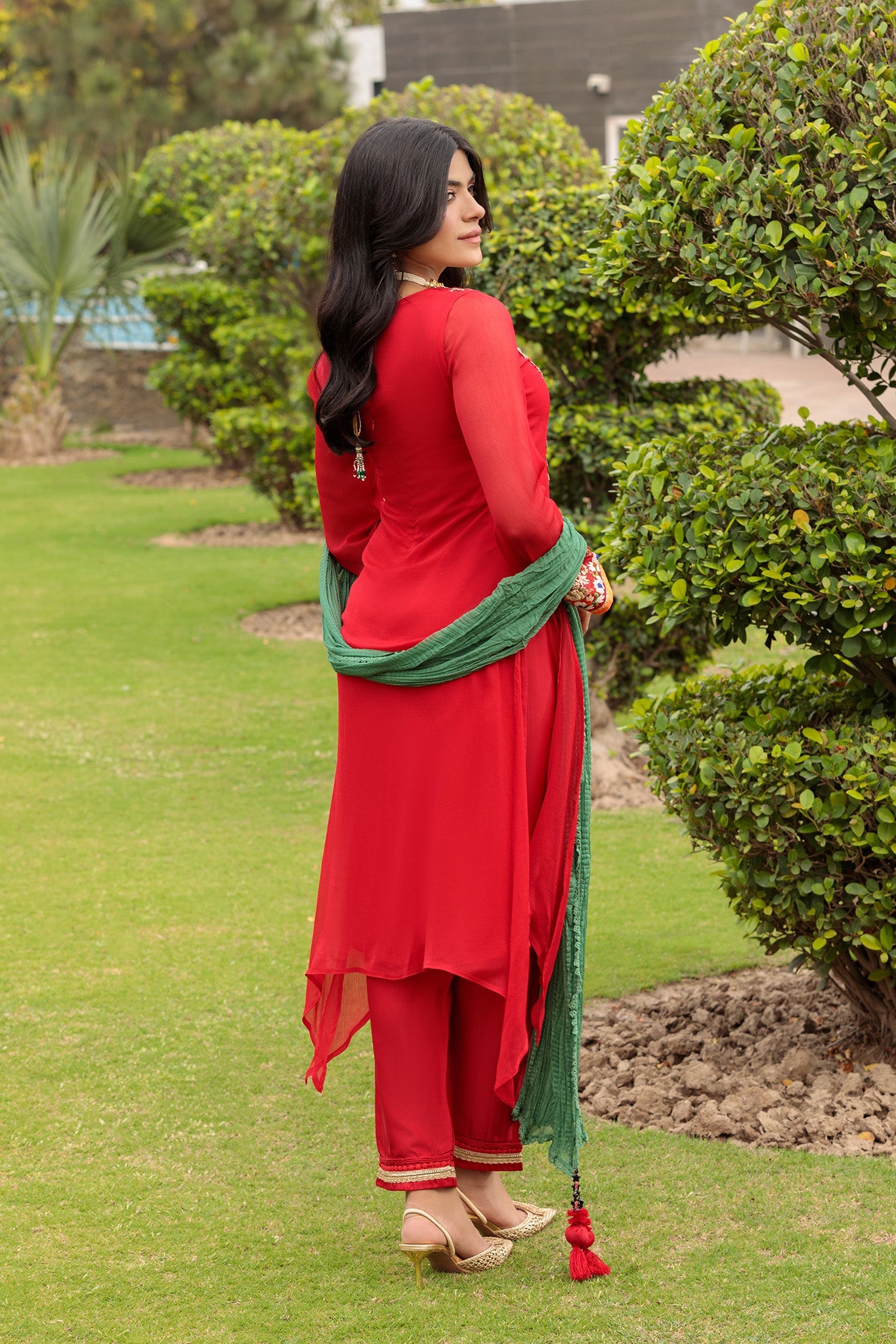Red Hand Embroidered Pure Chiffon Suit